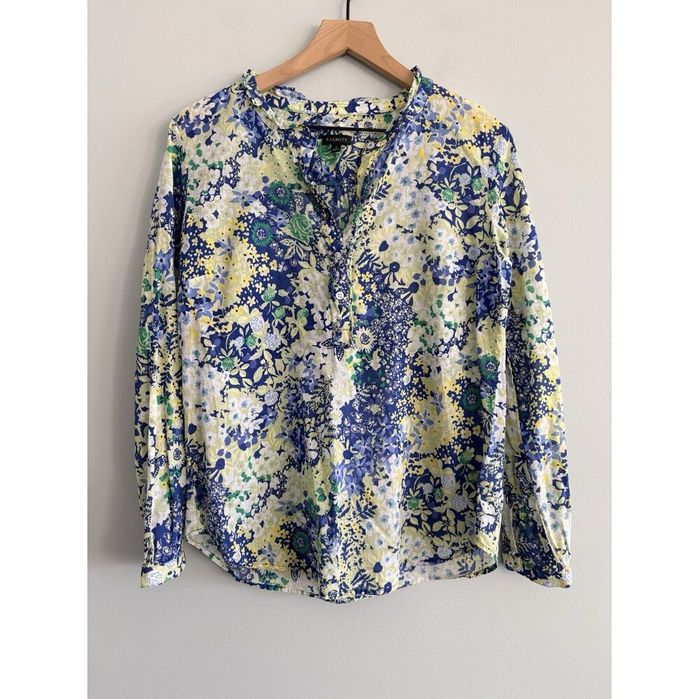 Talbots Shirt Women Small Yellow Blue Floral Cotton Lightweight Blouse Top